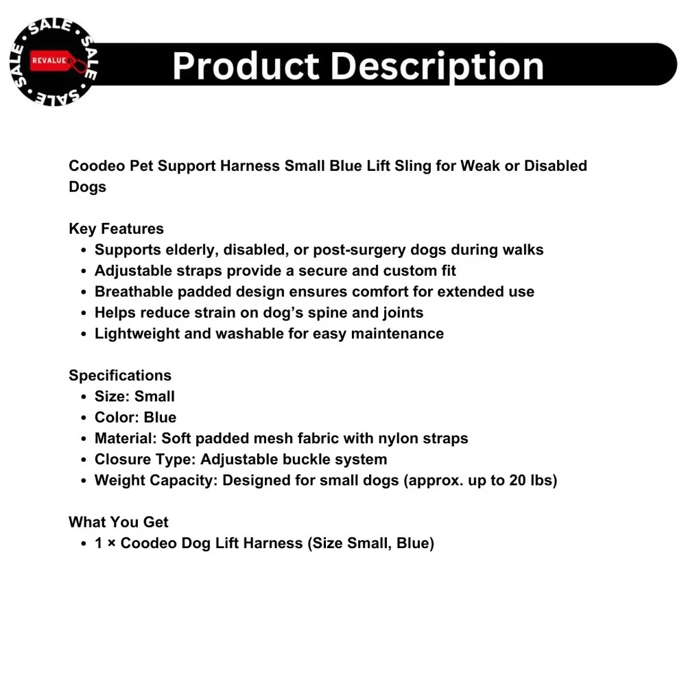Coodeo Pet Support‎ Harness Small Blue Lift Sling for Weak or Disabled Dogs